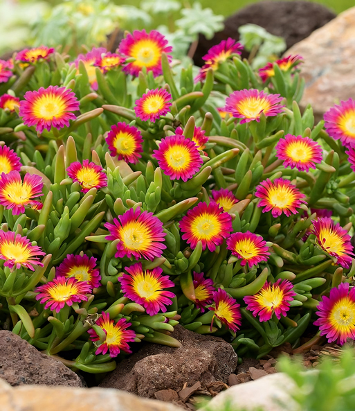 Die winterharte Eisblume „Hot Pink Wonder“ wurde in einem garte gepflanzt und lässt seine gelb-pinken Blüten strahlen.
