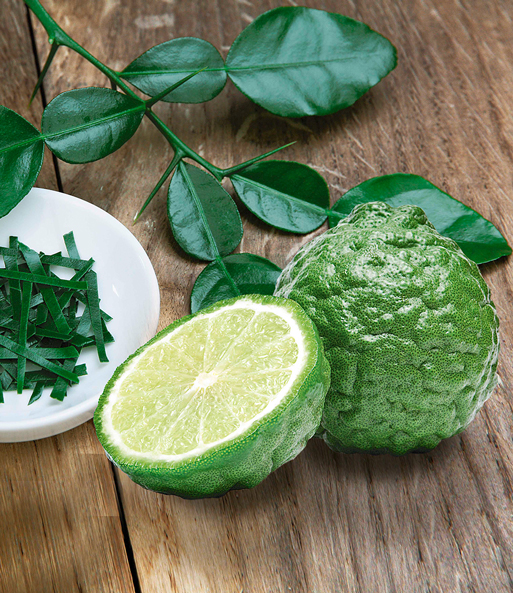 Eine glatt halbierte Gewürz-Limette Kaffir lehnt sich neben eine ganze Limette auf einem Terrassentisch.